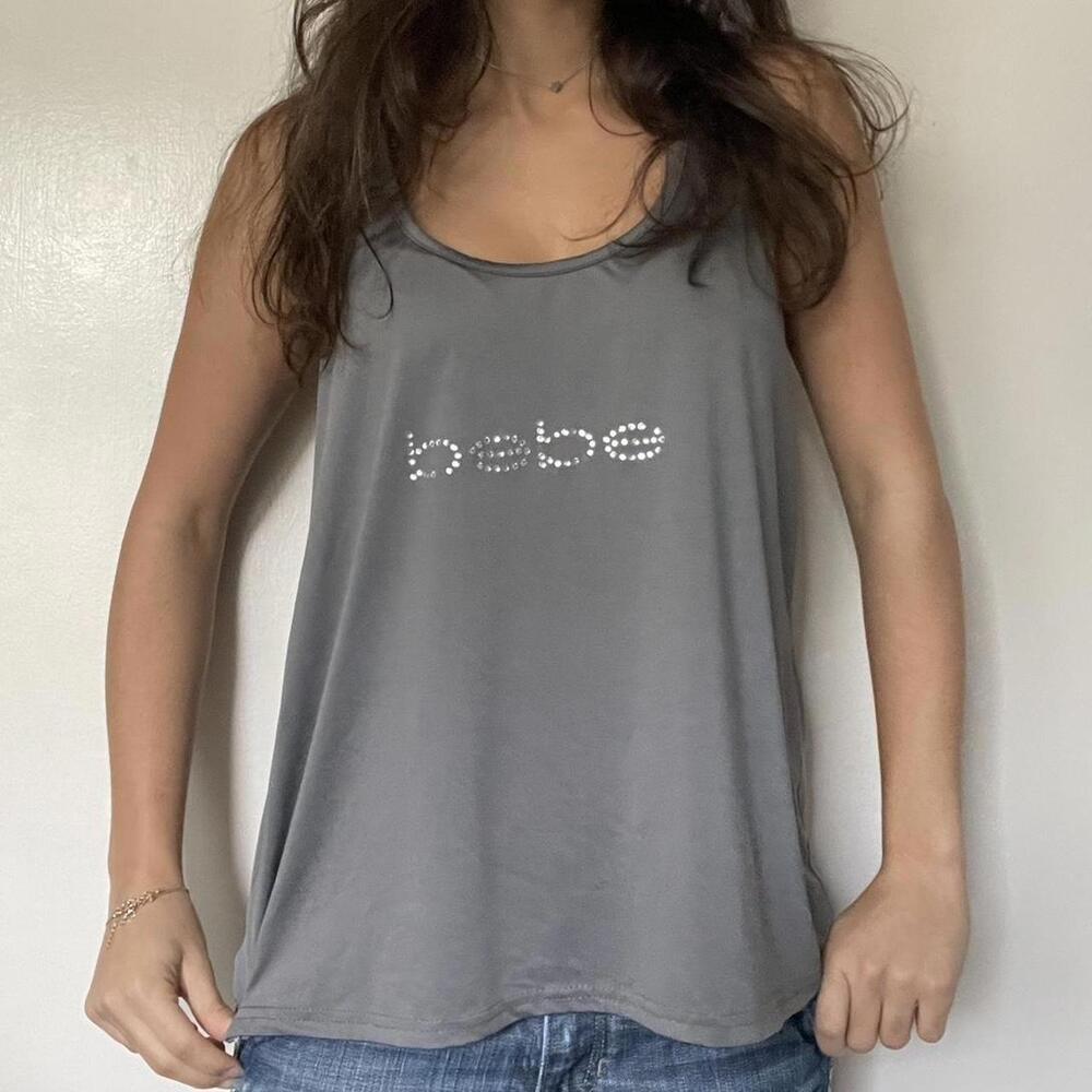 Grey Bebe tank top with silver rhinestone logo